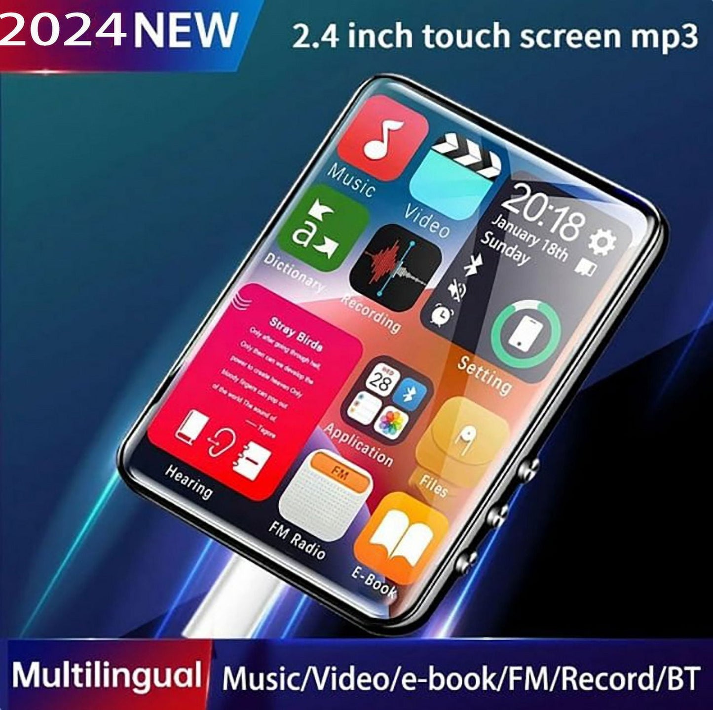 128GB Support MP3 Player 2.4 Inch Touch Screen Music Player Black Hifi Bluetooth Lossless Audio Recorder FM Radio Mp4 Video Player Ebook