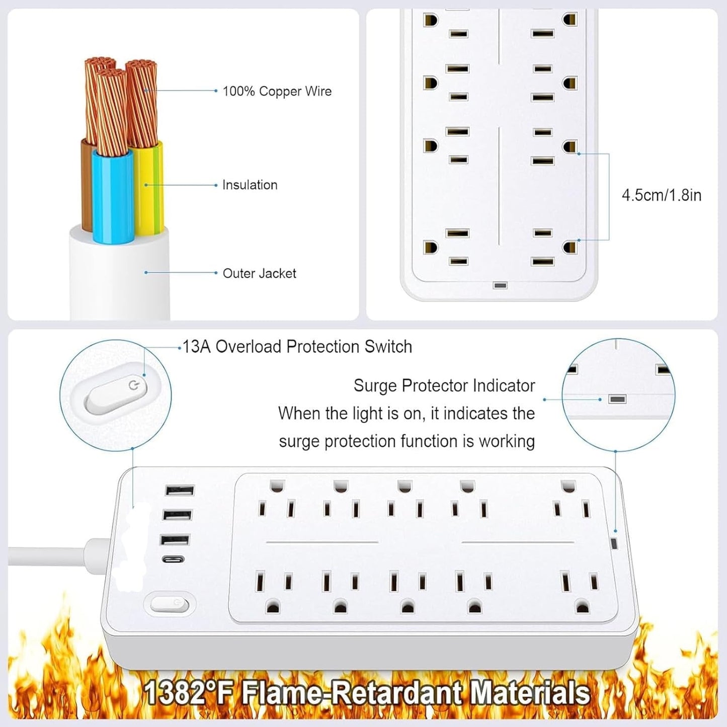 Power Strips with Surge Protection 16Awg Heavy Duty 2000W/13A 10 Outlets with 4 USB Ports (1 USB C) Extension Cord with Multiple Outlets 14-in-1 Flat Plug Power Strip Protector for Home Office White