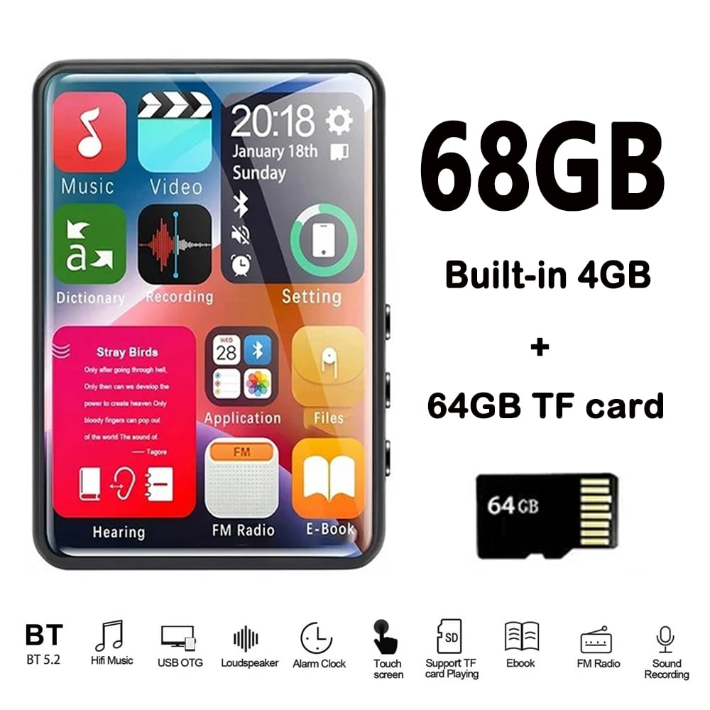 128GB Support MP3 Player 2.4 Inch Touch Screen Music Player Black Hifi Bluetooth Lossless Audio Recorder FM Radio Mp4 Video Player Ebook