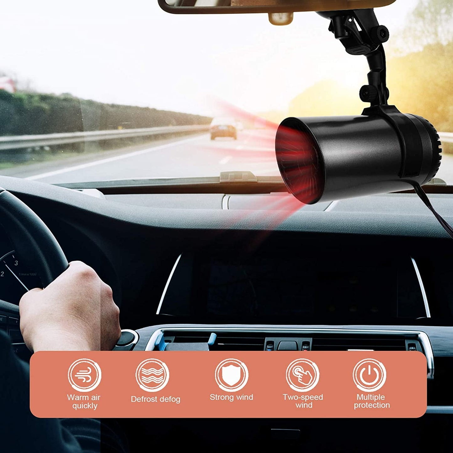 MUSICOZY 2 in1 Car Heater and Cooler 12V 150W Portable Windshield Defogger and Defroster Fast Car Heater Defroster Plug in Automobile Windscreen Fan with Suction Holder for All Cars Black