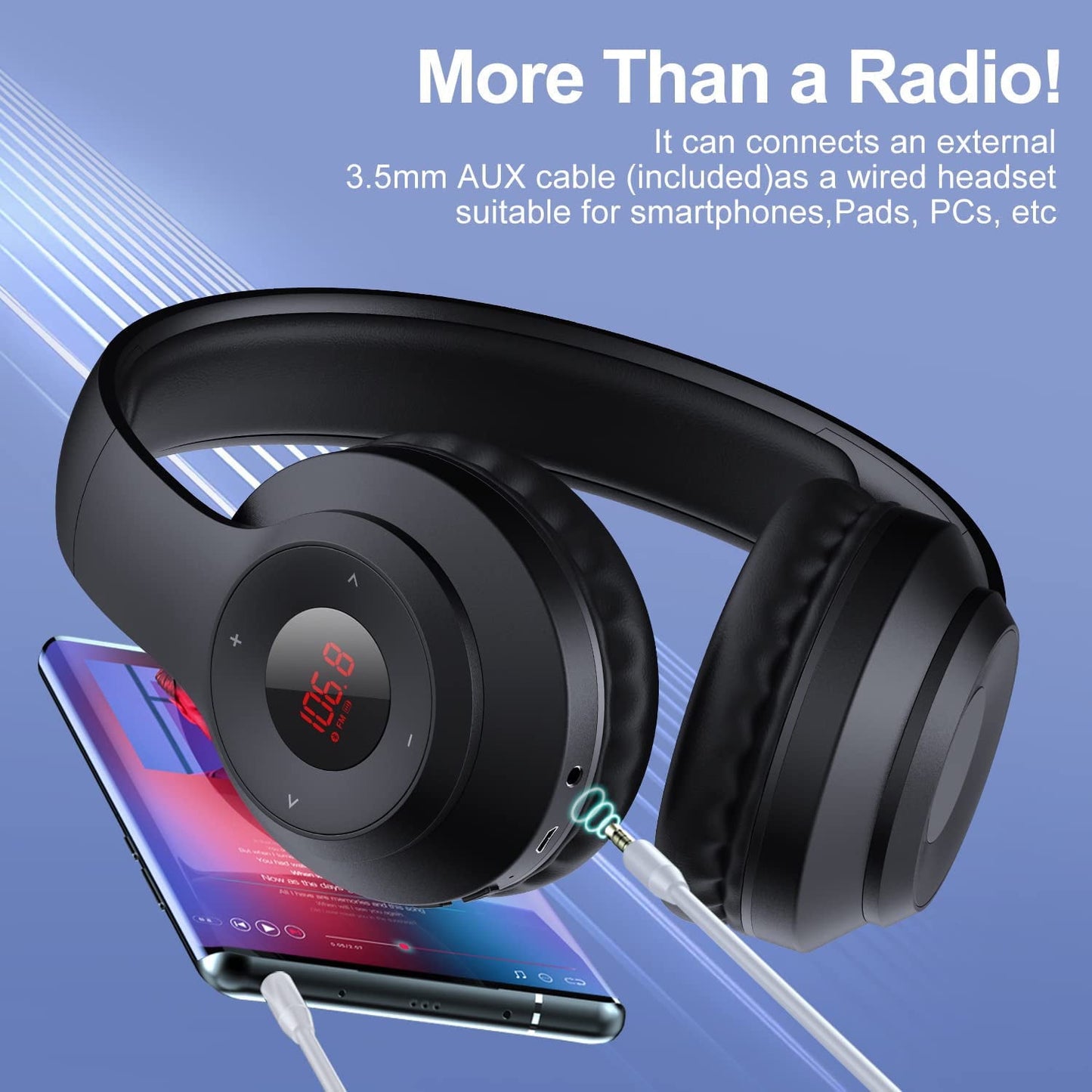 Wireless FM Radio Headphones with Bluetooth Built-in Microphone LED Display Rechargeable & Portable Headphones Soft Ear Muffs FM Headset Radio Receiver for Meeting Works Hiking Jogging