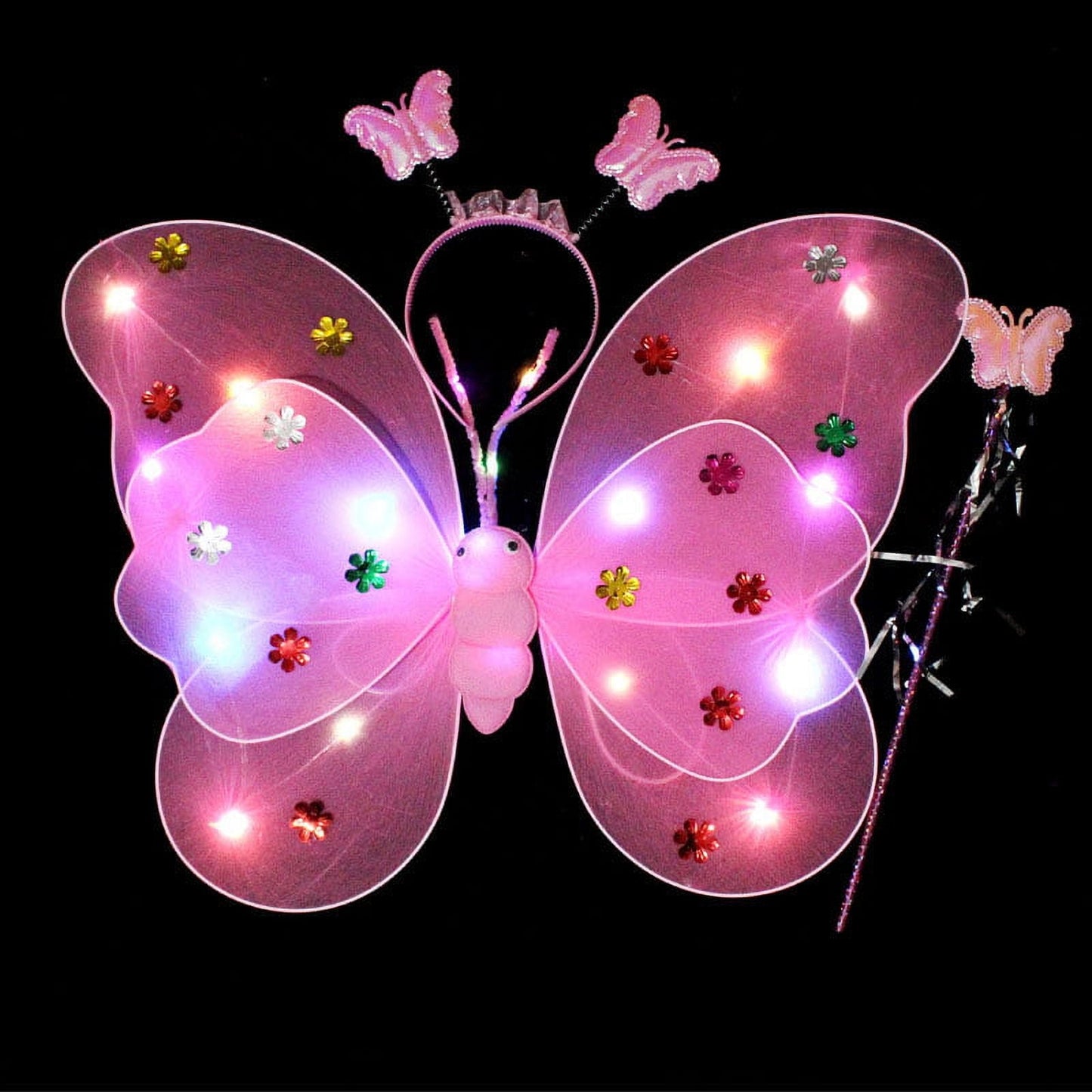 LED Children Costume Prop for Halloween Christmas Fairy Princess Kids Costume Sets Butterfly Wings Wand Headband Tutu Skirt New Year Gifts for 3 4 5 6 7 8 Years Old Girls Pink with Light