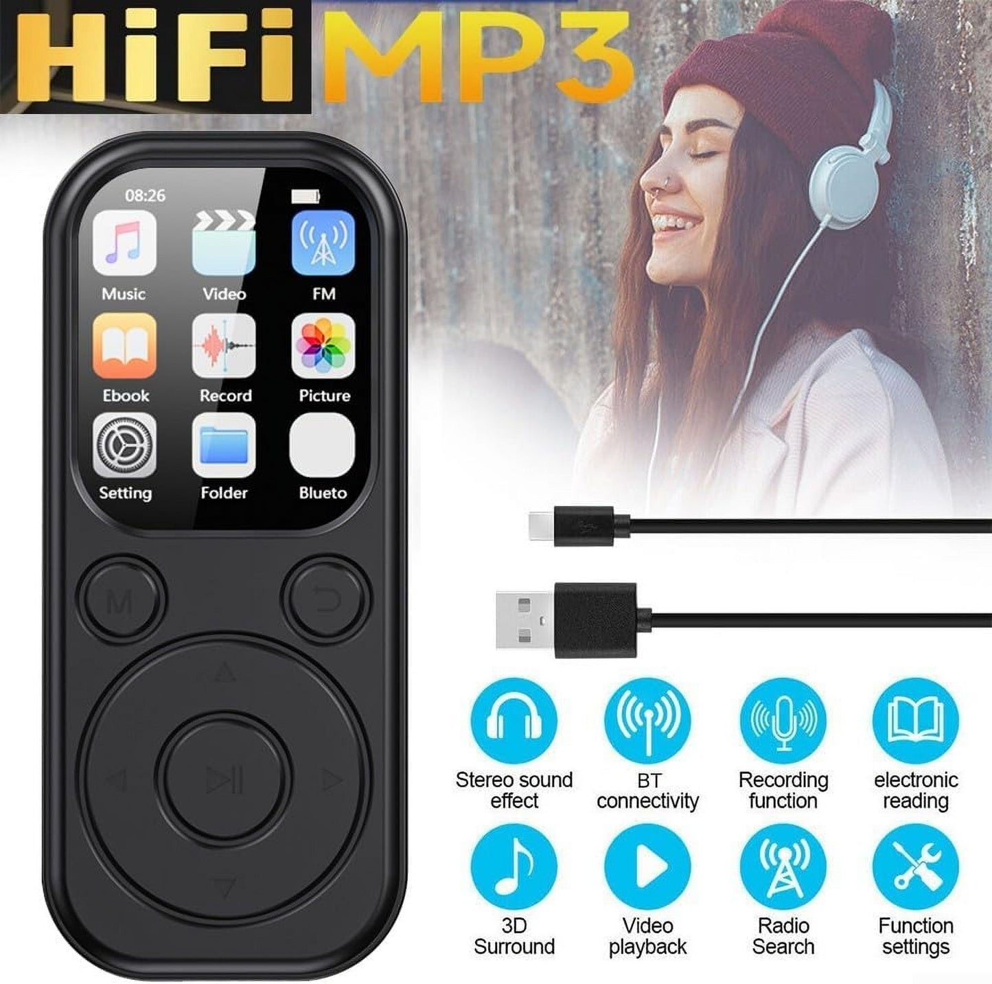 MP3 Player Bluetooth Music Player with 32GB Memory Card Earphone Build-in Speaker/Photo/Video Play/FM Radio/Voice Recorder BT5.4 Portable Music Player Supports up to 128GB for Kids Running Walking