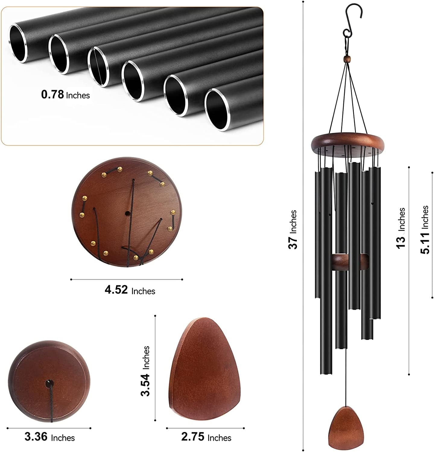 Wind Chimes for Outside with Wood Wind Catcher 37 Inches Large Aluminum Windchimes Outdoors for Patio Decoration & Zen Atmosphere Great as a Gift for Family & Relative(Black)
