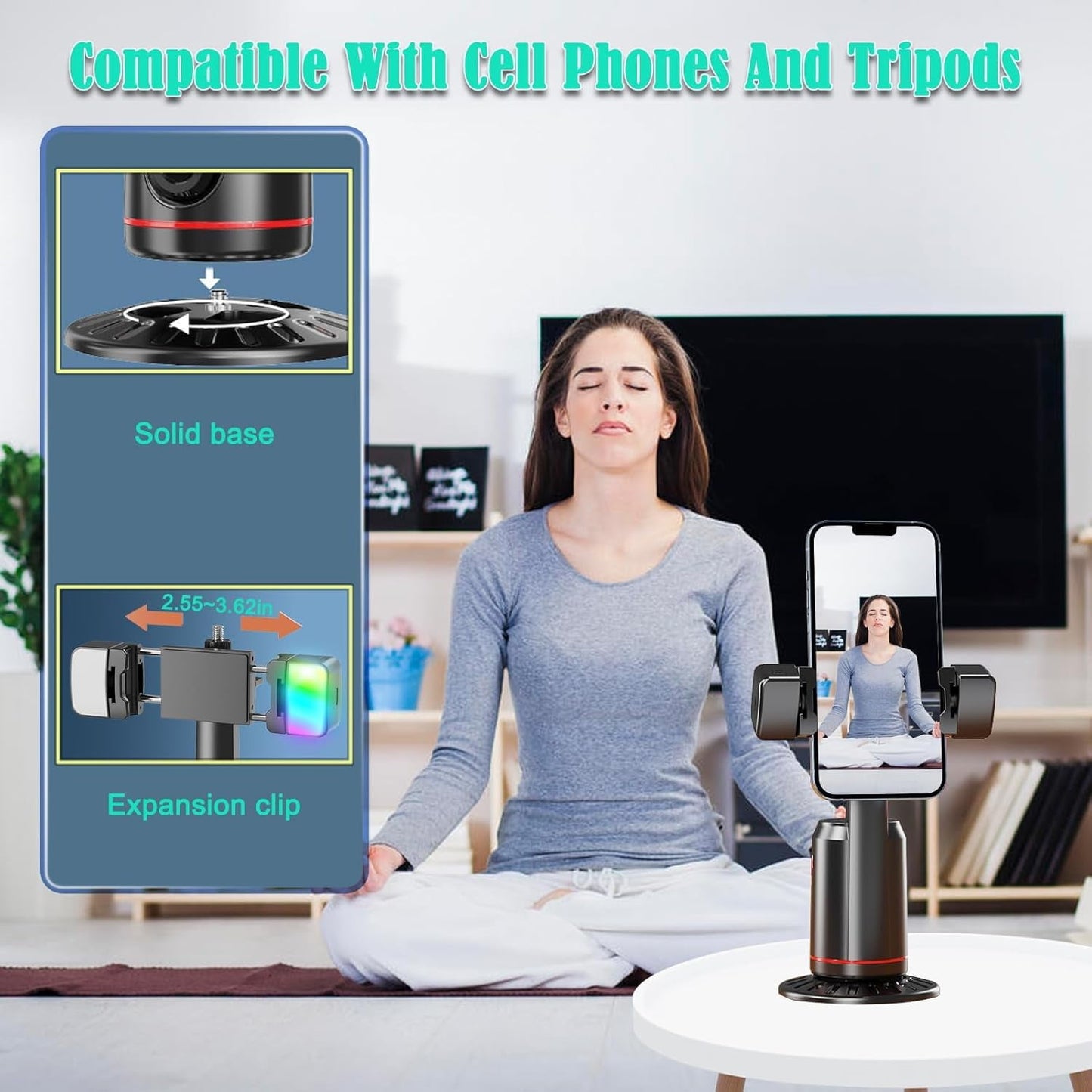 Auto Face Tracking Tripod AI Smarts 360° Rotating Auto Tracking Phone Stand No App Required Camera Stand with Remote and RGB Fill Lights Rechargeable Shooting Stand for Live Video Recording Tiktok