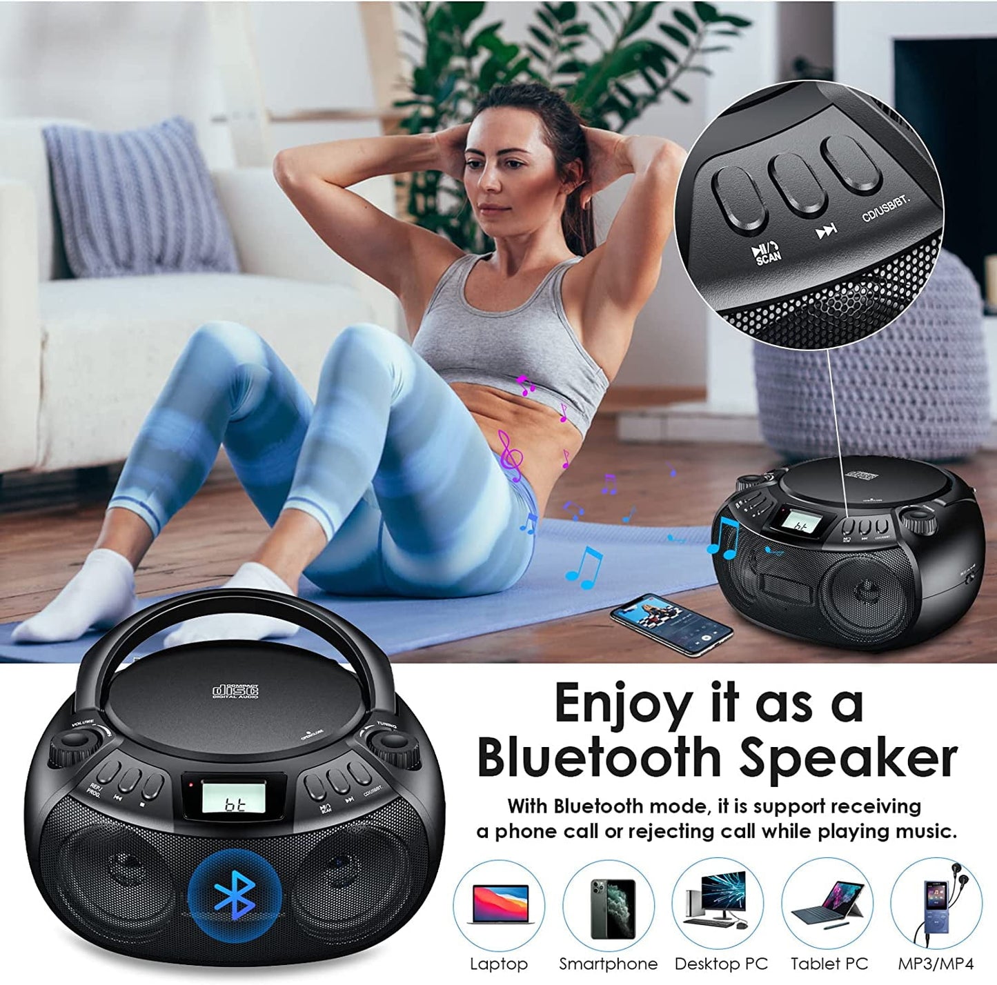 Boombox CD Player with Bluetooth Boombox AM/FM Radio USB Port Portable CD Player Stereo Sound Speaker MP3 Playback 3.5mm AUX Input Headphone Jack LCD Display CD-R CD-RW MP3WMA Playback