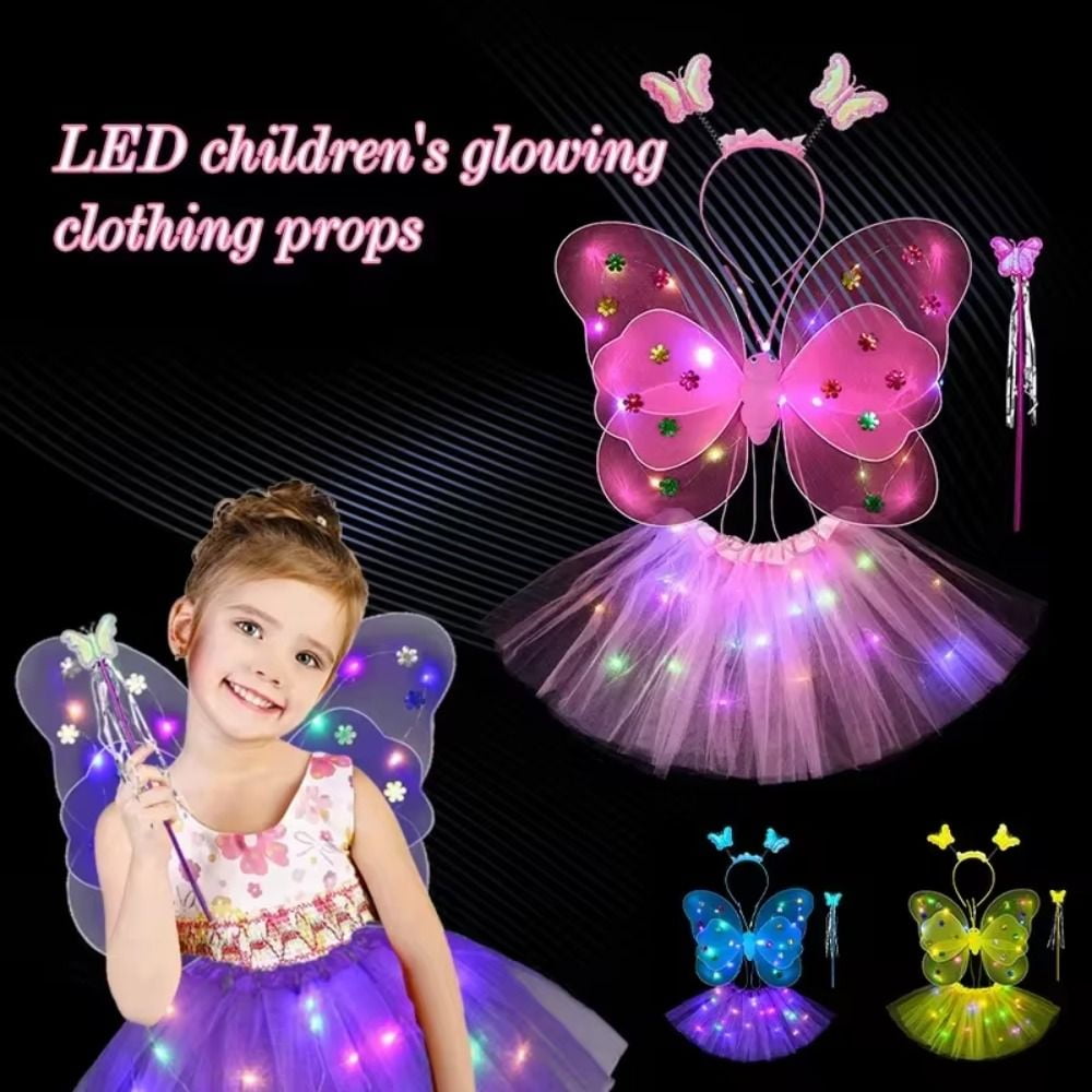 LED Children Costume Prop for Halloween Christmas Fairy Princess Kids Costume Sets Butterfly Wings Wand Headband Tutu Skirt New Year Gifts for 3 4 5 6 7 8 Years Old Girls Pink with Light