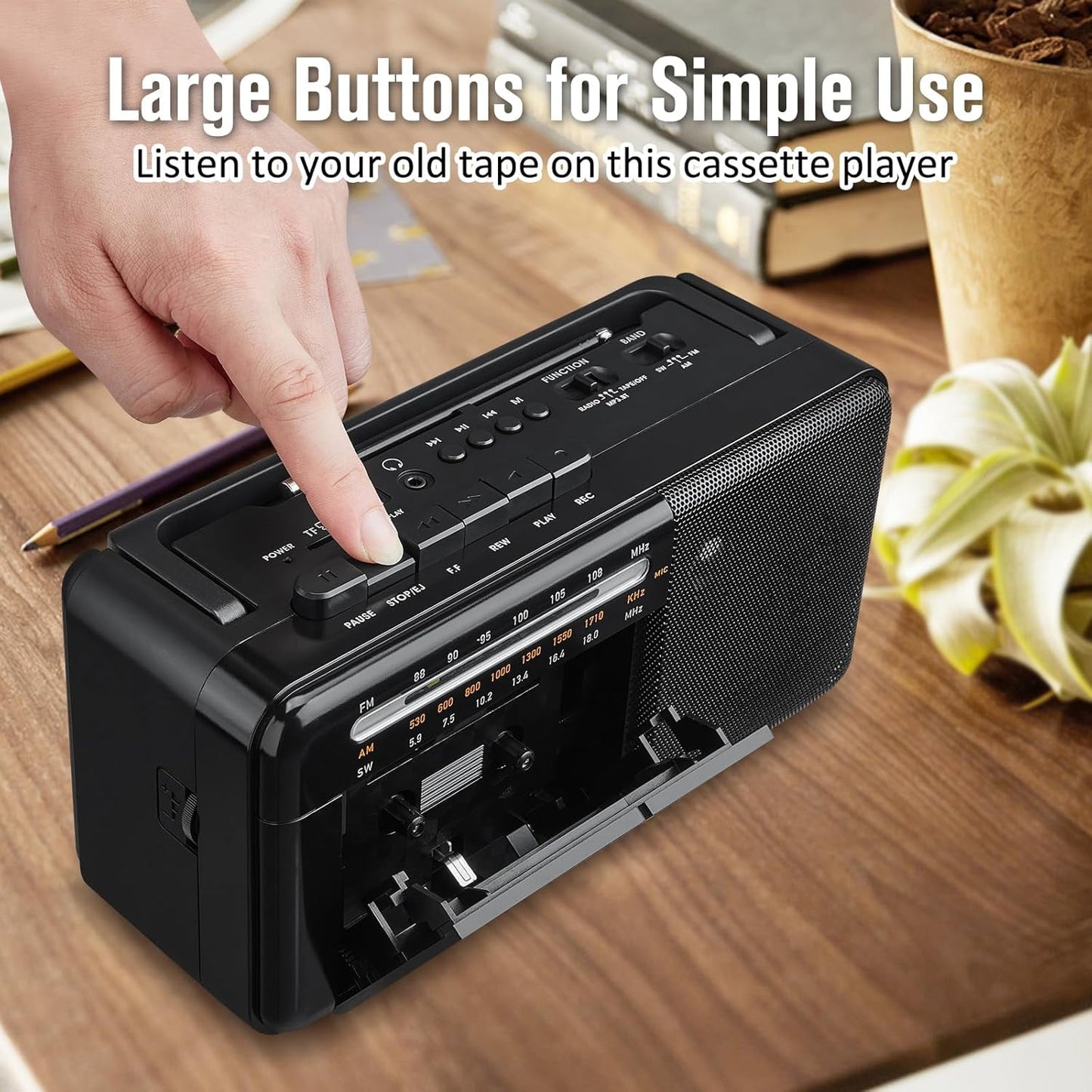 Cassette Tape Player Bluetooth Boombox Cassette Player AM/FM/SW Radio Stereo Tape Player/Recorder with Big Speaker and Earphone Jack USB/TF Card Player AC Powered or Battery Operated Black