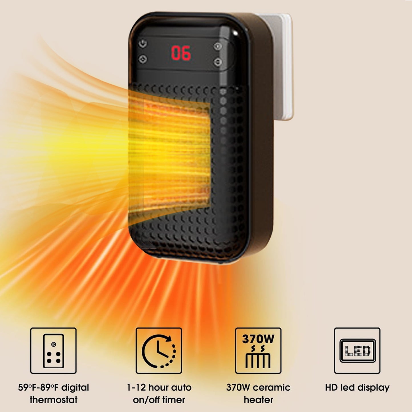 MUSICOZY Upgrade Smart Wall Space Heater 500W/800W Portable Electric Small Heater With Adjustable Thermostat and Timer Overheat Protection Safe Heater for Office Dorm Dog Room (Black-500W)