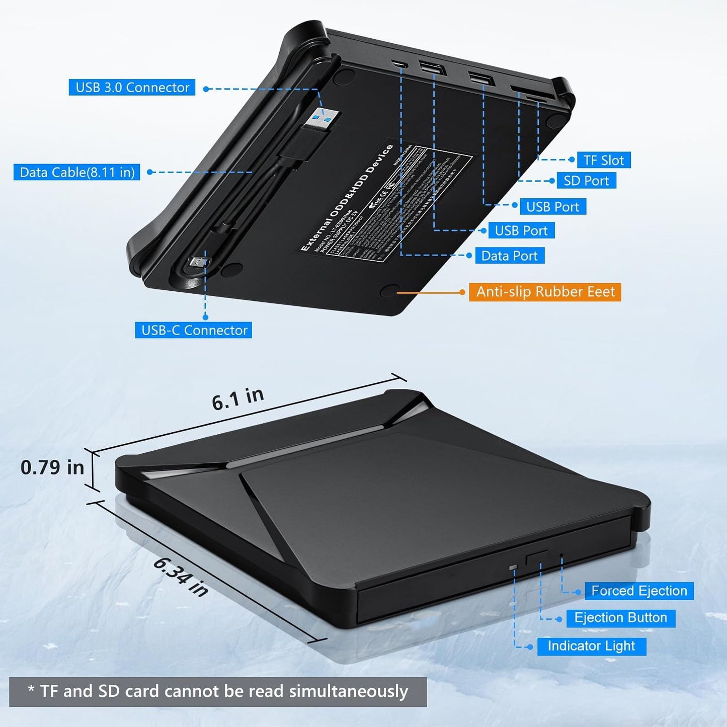 External DVD Drive USB 3.0 Type-C Portable CD Drive Burner Player Reader Writer 2 Ports TF SD Card Slots Optical Disk Laptop Mac PC Windows 11 10 8 7