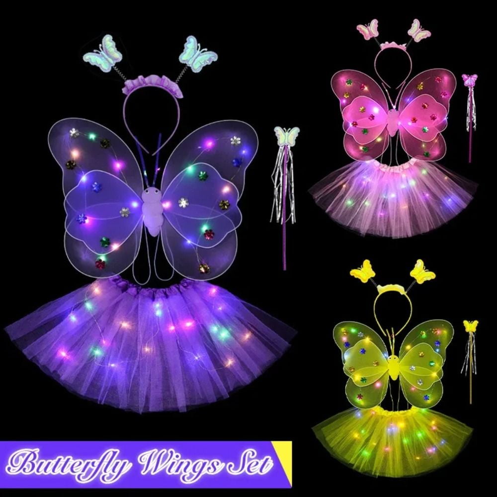 LED Children Costume Prop for Halloween Christmas Fairy Princess Kids Costume Sets Butterfly Wings Wand Headband Tutu Skirt New Year Gifts for 3 4 5 6 7 8 Years Old Girls Pink with Light