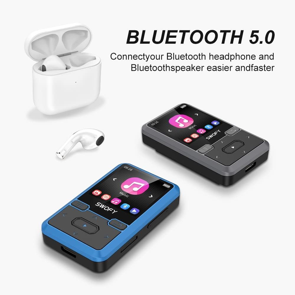 32GB MP3 Player with Bluetooth 5.0 Mini Clip Portable Wearable MP3 Player with FM Radio Recording Children s Music mp3 Player Mp3 Mp4 Player with Pedometer Music Player Support up to 128GB(Blue)