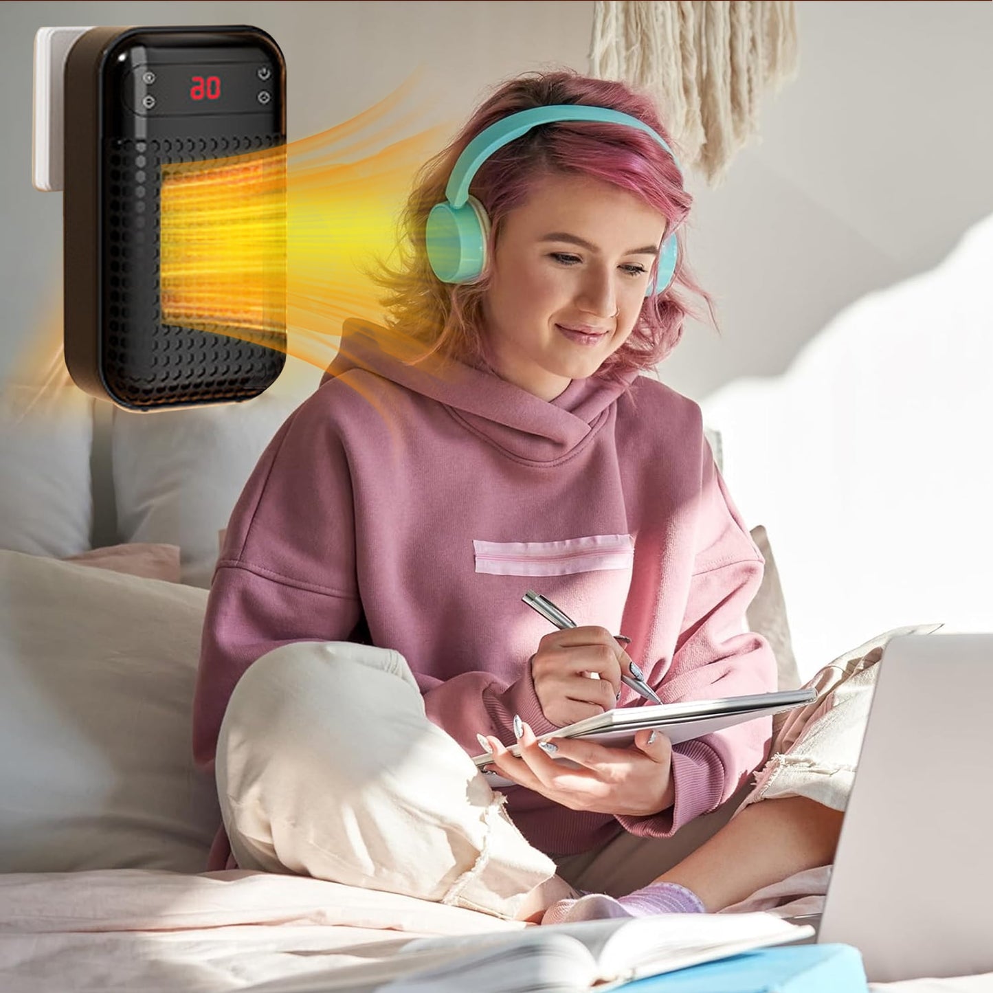 MUSICOZY Upgrade Smart Wall Space Heater 500W/800W Portable Electric Small Heater With Adjustable Thermostat and Timer Overheat Protection Safe Heater for Office Dorm Dog Room (Black-500W)