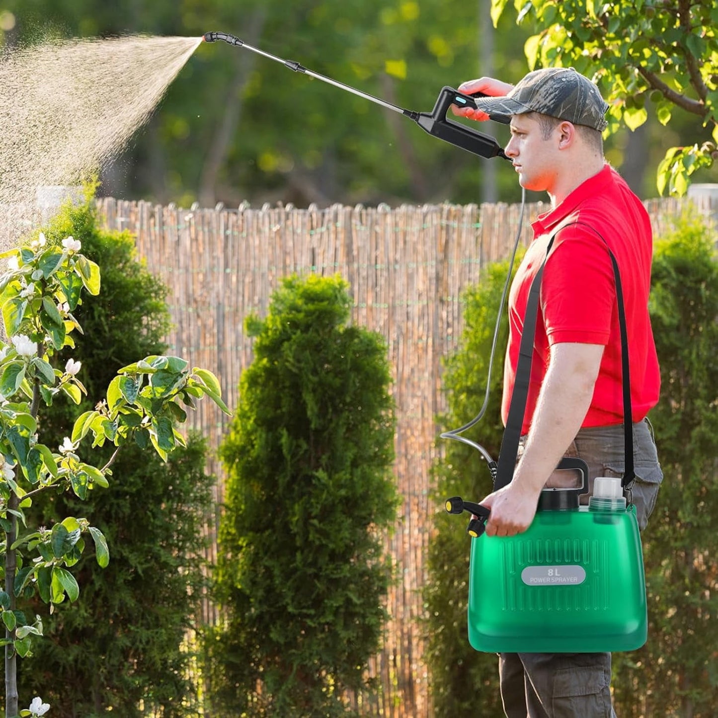 Battery Powered Sprayer 8L Upgrade Electric Sprayer with 4 Mist Nozzles 2000mAh Portable Lawn Sprayer Pump 32in Shoulder Strap Retractable Wand 2 Water Filling Holes for Lawn Garden Cleaning