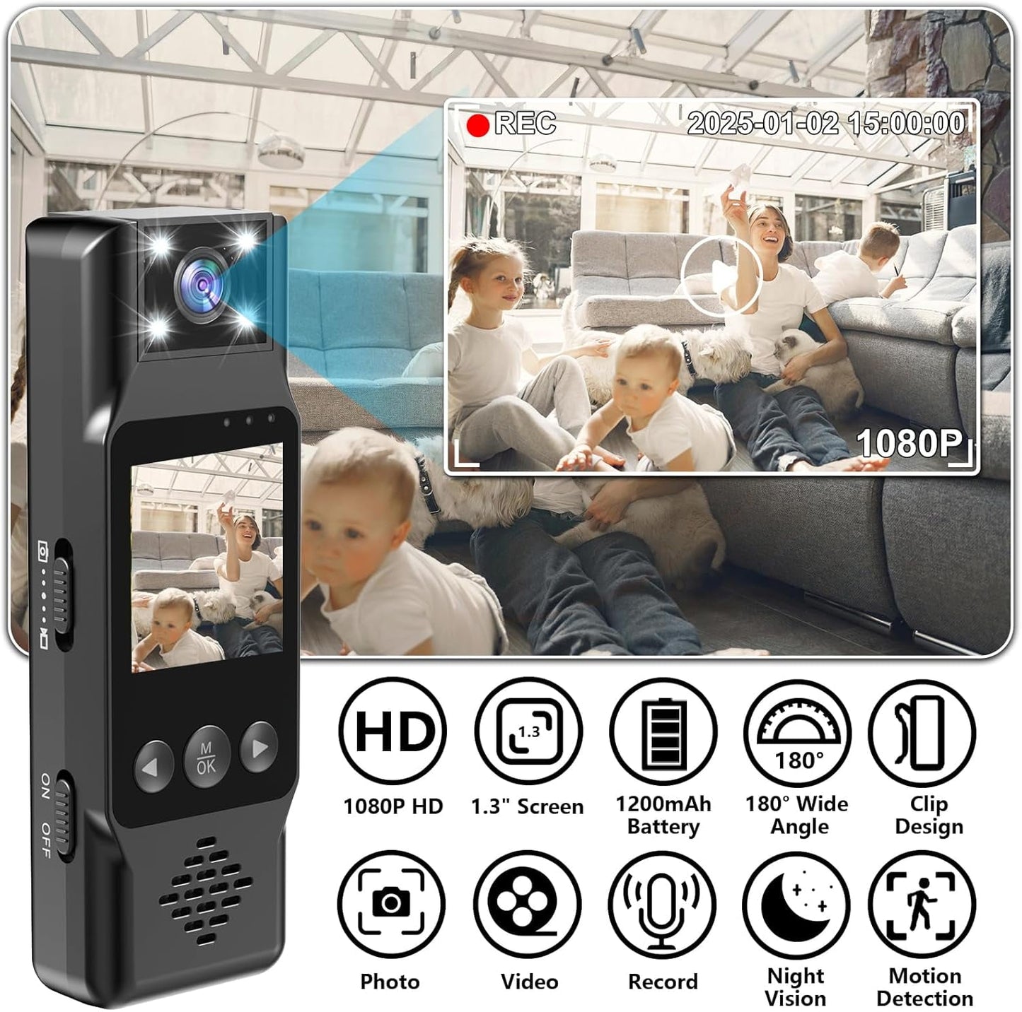 Body Camera with Audio and Video Recording 1080P Bodycam Handheld Video Recorder with 1.3 Screen 180° Rotating Lens 6h Battery 4 Fill Lights Motion Detection for Personal Civilians Travel