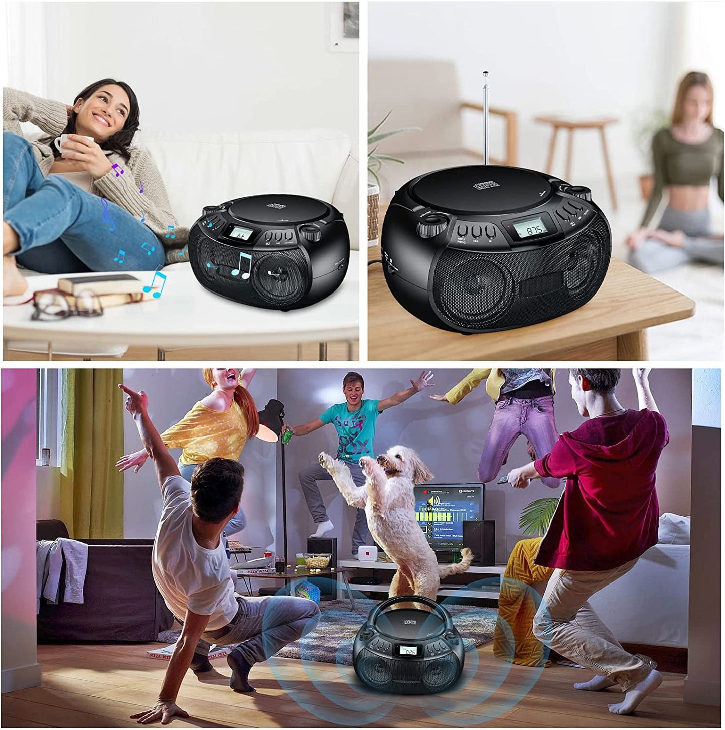 Boombox CD Player with Bluetooth Boombox AM/FM Radio USB Port Portable CD Player Stereo Sound Speaker MP3 Playback 3.5mm AUX Input Headphone Jack LCD Display CD-R CD-RW MP3WMA Playback
