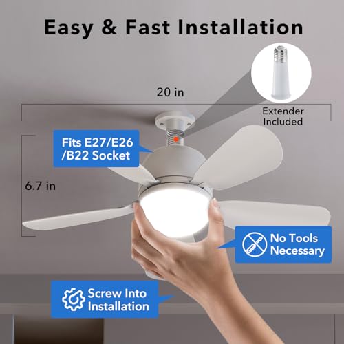 Socket Fan Light  20  Ceiling Fans with Lights and Remote  3-Colors Dimmable 5 Speeds Light E26/E27 Bulb Compatible/Ceiling Fan for Bedroom Home Office Dining Room Garage 1500 Lumens  White