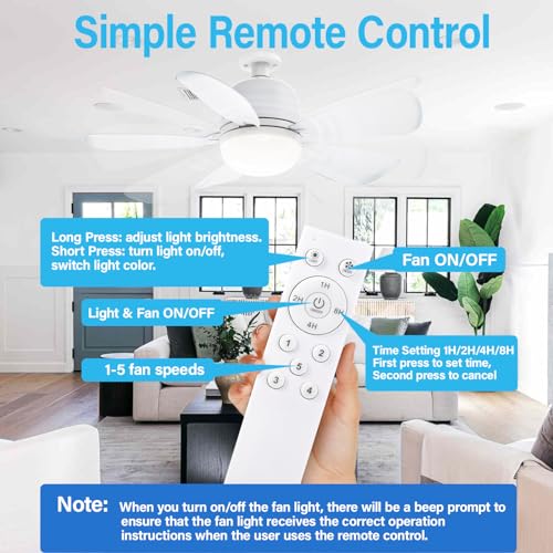 Socket Fan Light  20  Ceiling Fans with Lights and Remote  3-Colors Dimmable 5 Speeds Light E26/E27 Bulb Compatible/Ceiling Fan for Bedroom Home Office Dining Room Garage 1500 Lumens  White