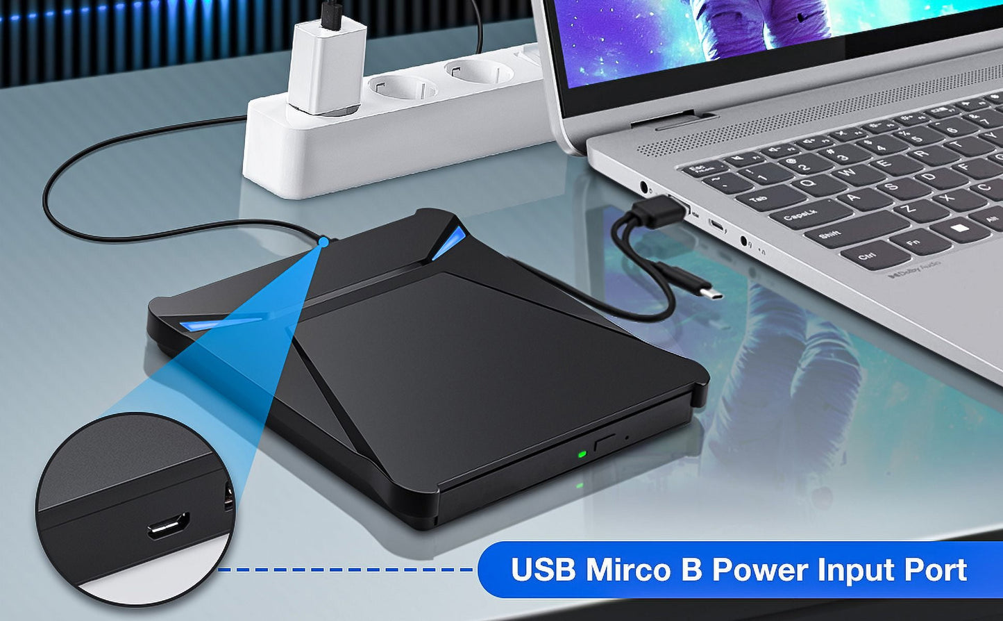 External DVD Drive USB 3.0 Type-C Portable CD Drive Burner Player Reader Writer 2 Ports TF SD Card Slots Optical Disk Laptop Mac PC Windows 11 10 8 7