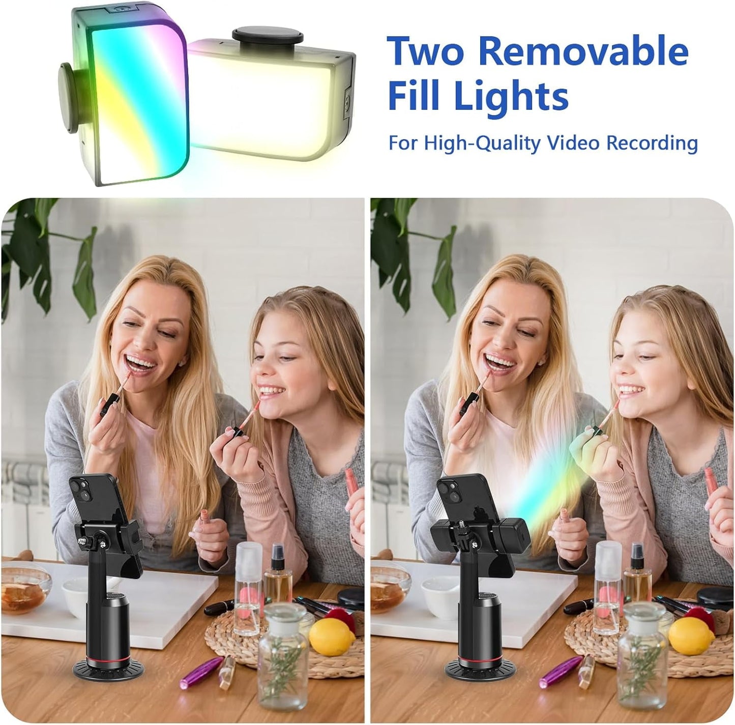 Auto Face Tracking Tripod AI Smarts 360° Rotating Auto Tracking Phone Stand No App Required Camera Stand with Remote and RGB Fill Lights Rechargeable Shooting Stand for Live Video Recording Tiktok