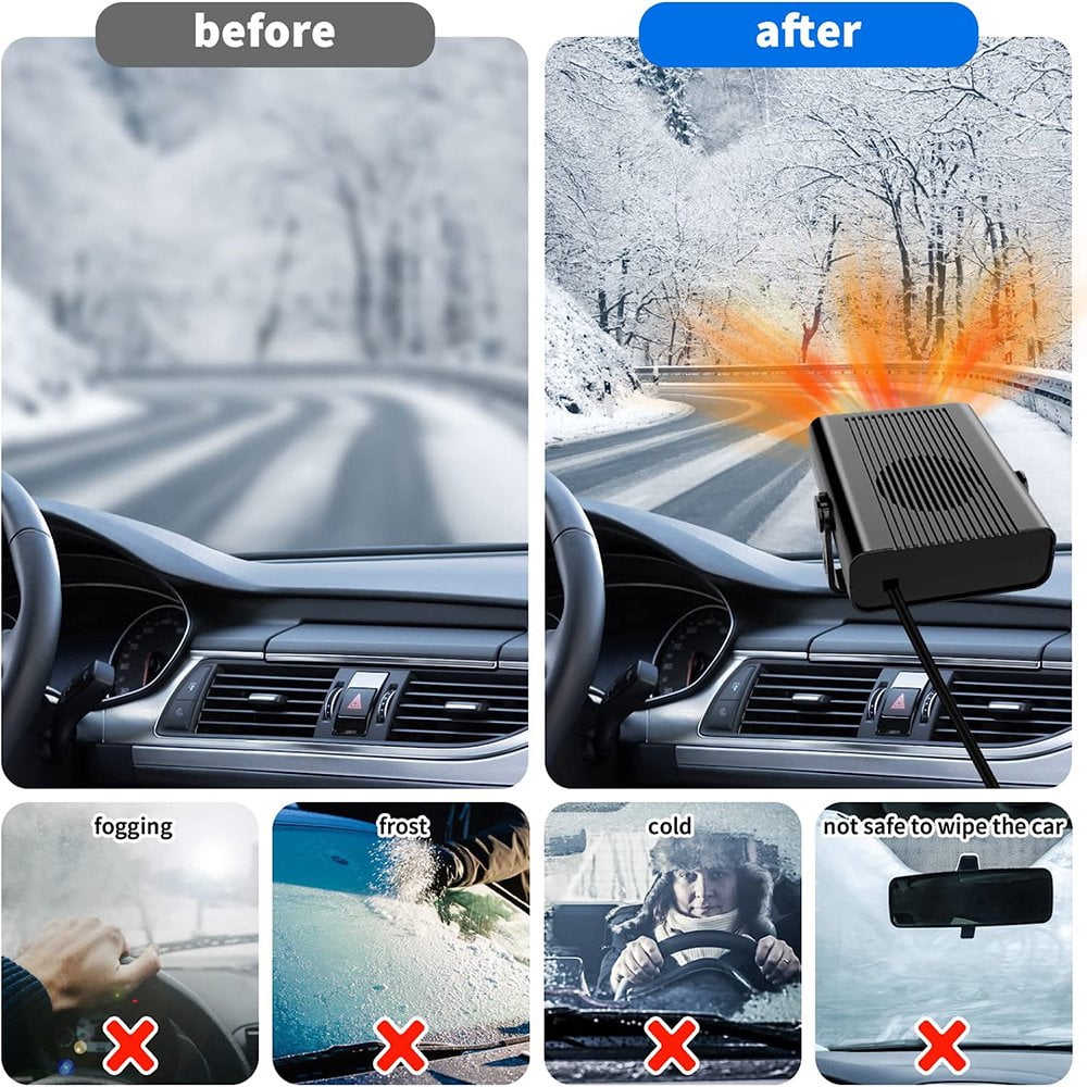 2 in1 Fast Heating and Cooling Car Heaters Portable Car Heater 12v Car Heater and Defroster Plug-In Car Windscreen Fan For All Cars 360°Degree Defroster with Rotatable Suction Holder Black