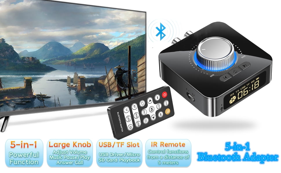 Bluetooth Audio Transmitter Receiver with Remote 5-in-1 Bluetooth 5.0 Adapter for TV Car CD PC Home Stereo Speaker Headset Support 3.5mm AUX RCA USB U Disk MP3/Micro SD TF Card Playback