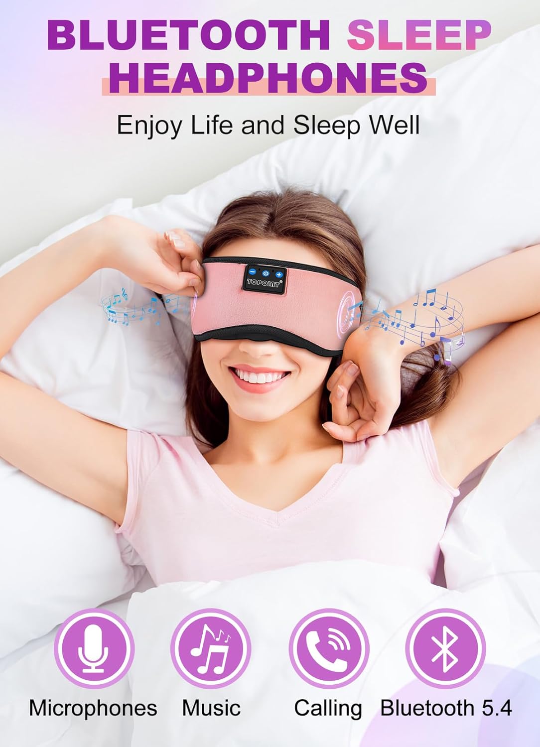 TOPOINT Sleep Mask Headphones Bluetooth 5.2 Wireless  Blackout Eye Mask for Women Men Sleeping Travel Meditation Gifts Cool Gadgets with Speakers Music Microphone  Noise Canceling Ear Plugs  USB C