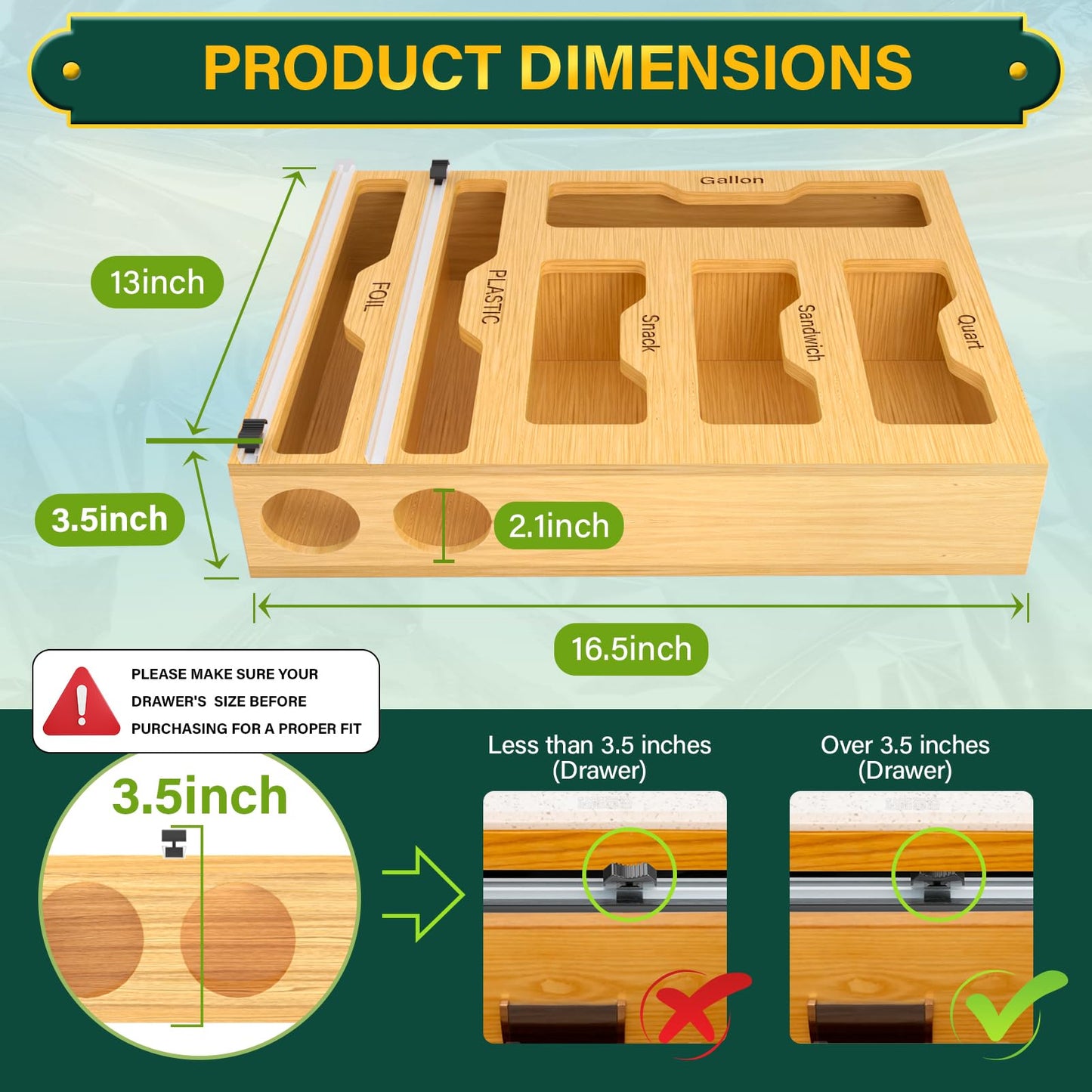 Bag Organizer with Cutter  6 In 1 Bamboo Foil and Plastic Wrap Organizer for Kitchen  Food Storage Bag Organizer for Gallon Quart Sandwich Snack