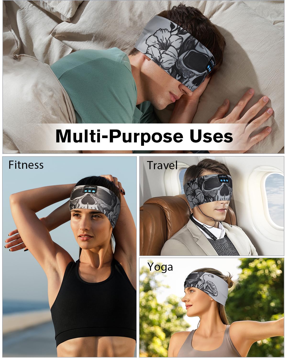MUSICOZY Sleep Headphones Bluetooth Headband  Wireless Sleeping Headphones Music Sport Headbands  Long Time Play Sleeping Headsets Built-in Thin Speakers(Skulls Design)
