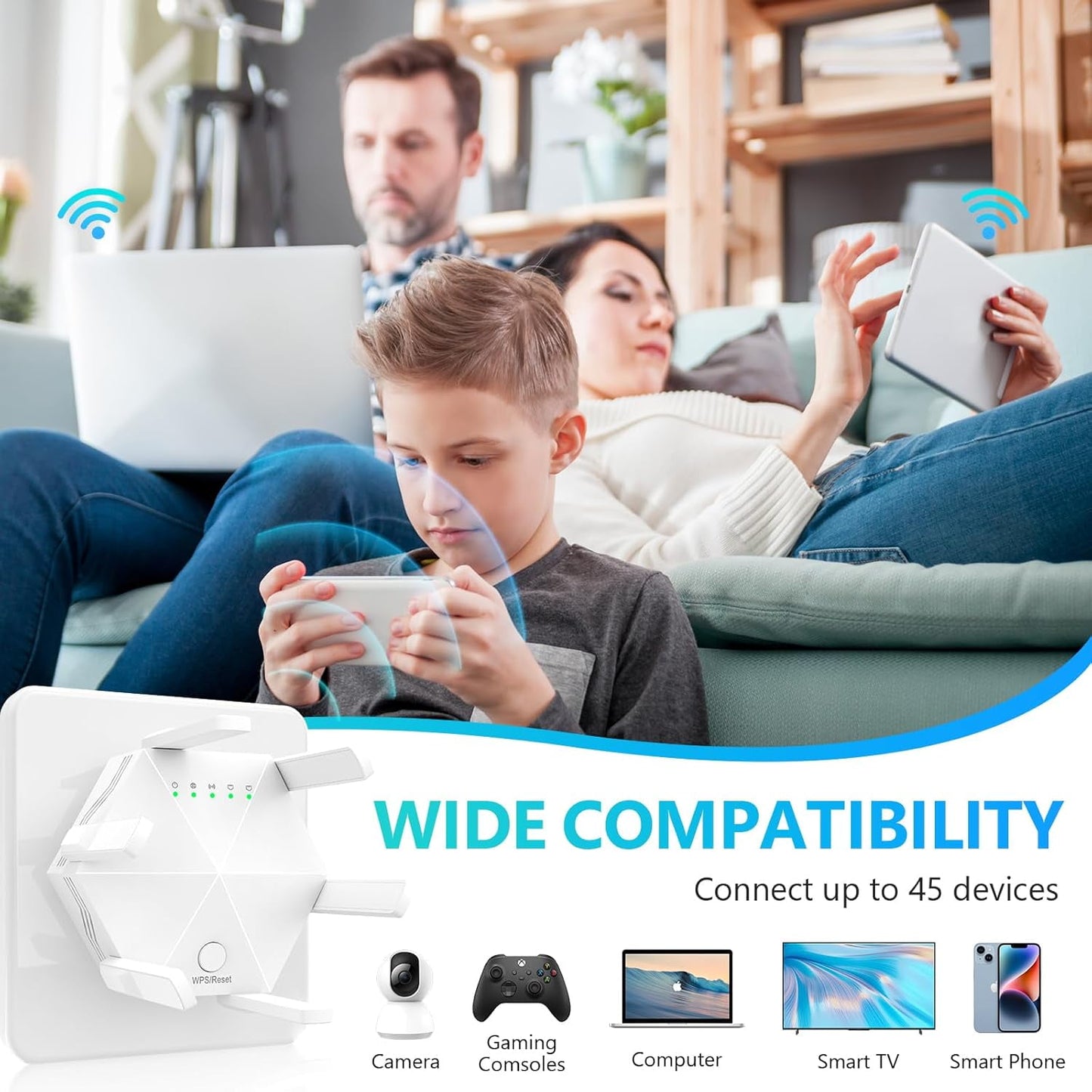 WiFi Amplifier WLAN Booster WLAN Repeater WiFi Range Extender 300Mbps(5999sq.ft) WiFi 2.4GHz Band WPS Wireless Signal Strong Penetrability with Ethernet Port 6 Antennas 360° Full Coverage