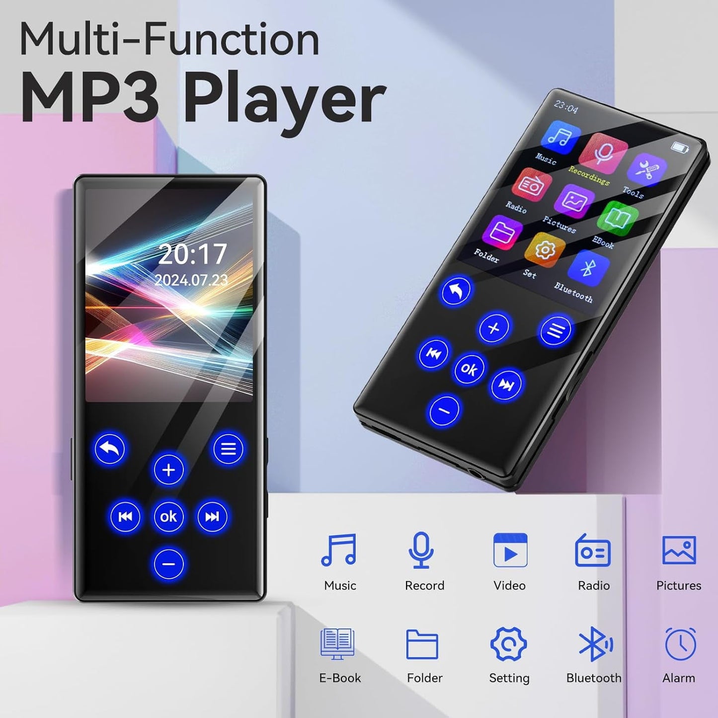 128GB MP3 Player with Bluetooth Portable Lossless Sound Music Player with HD Speaker 2.4 Screen Voice Recorder FM Radio Touch Buttons HiFi MP4 Player Built-in 64GB Support up to 128GB for Walking