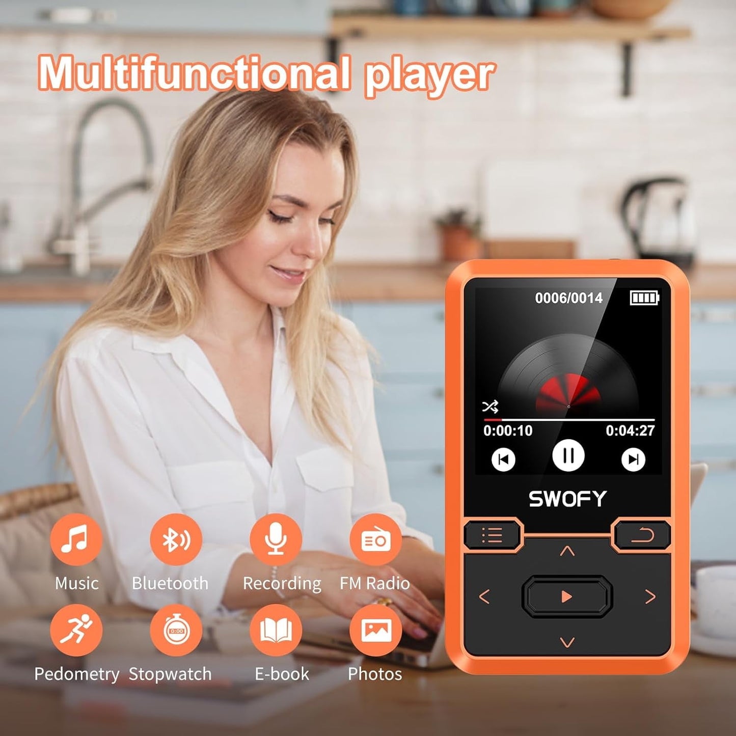 32GB MP3 Player with Bluetooth 5.0 Mini Clip Portable Wearable MP3 Player with FM Radio Recording Children s Music mp3 Player Mp3 Mp4 Player with Pedometer Music Player Support up to 128GB(Orange)