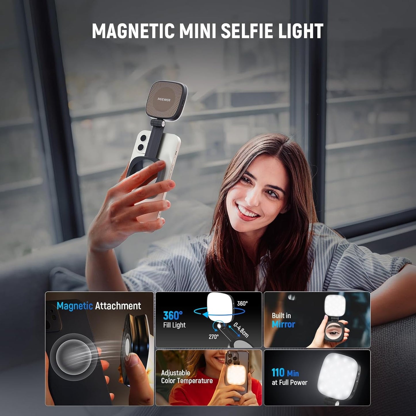 Magnetic Selfie Light for iPhone Instant Attachment for MagSafe CRI95 700lx/0.3m Folding LED Phone Fill Ring Lighting Phone Light with a Mirror for Zoom Makeup Photography Recording Video Conference