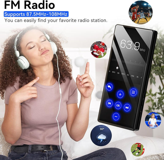 128GB MP3 Player with Bluetooth Portable Lossless Sound Music Player with HD Speaker 2.4 Screen Voice Recorder FM Radio Touch Buttons HiFi MP4 Player Built-in 64GB Support up to 128GB for Walking