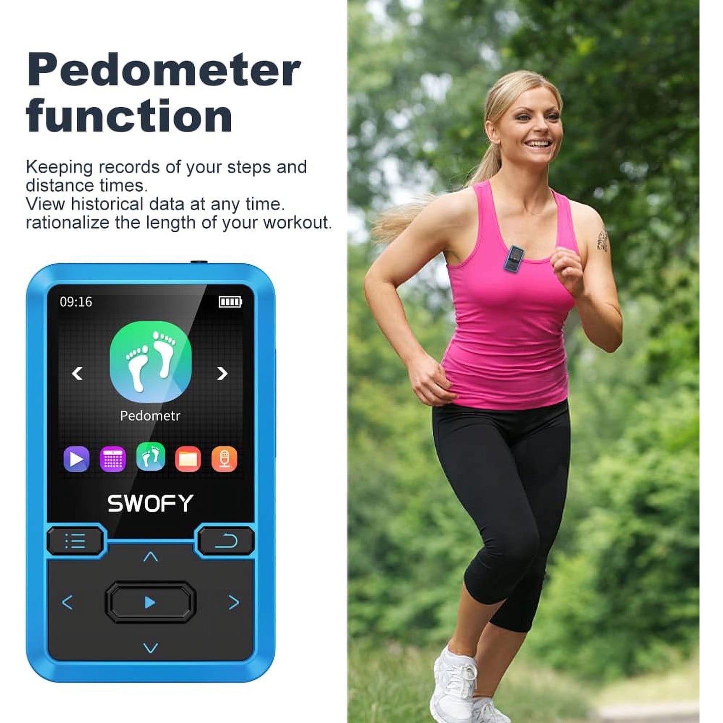 32GB MP3 Player with Bluetooth 5.0 Mini Clip Portable Wearable MP3 Player with FM Radio Recording Children s Music mp3 Player Mp3 Mp4 Player with Pedometer Music Player Support up to 128GB(Blue)
