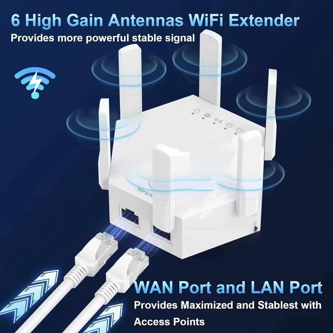 WiFi Amplifier WLAN Booster WLAN Repeater WiFi Range Extender 300Mbps(5999sq.ft) WiFi 2.4GHz Band WPS Wireless Signal Strong Penetrability with Ethernet Port 6 Antennas 360° Full Coverage