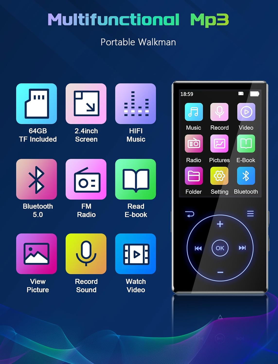 128GB MP3 Player with Bluetooth 5.0: Portable Lossless Sound Music Player with HD Speaker 2.4 Screen Voice Recorder FM Radio Touch Buttons 64G Storage+Support up to 64GB for Running Walking