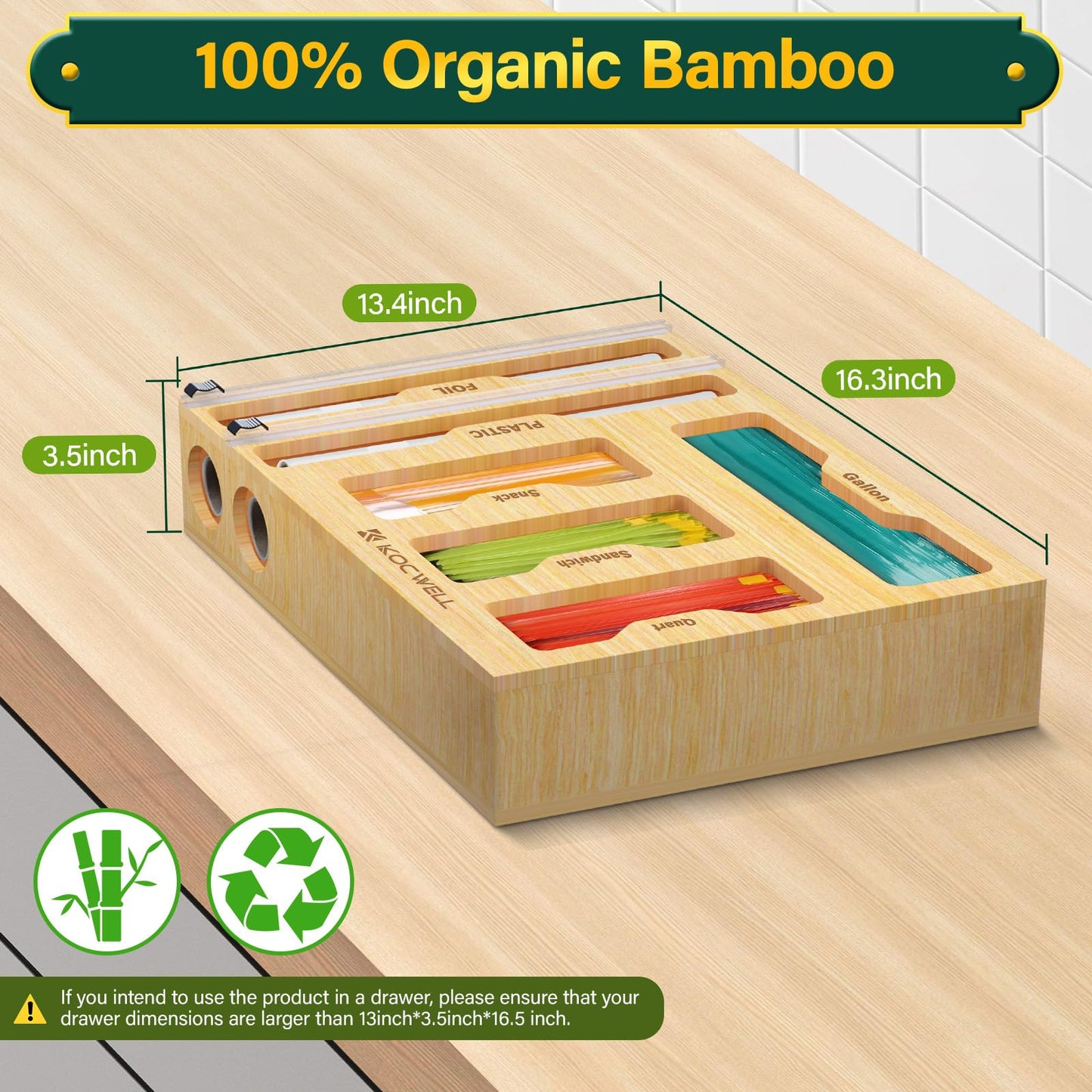 Bag Organizer with Cutter  6 In 1 Bamboo Foil and Plastic Wrap Organizer for Kitchen  Food Storage Bag Organizer for Gallon Quart Sandwich Snack