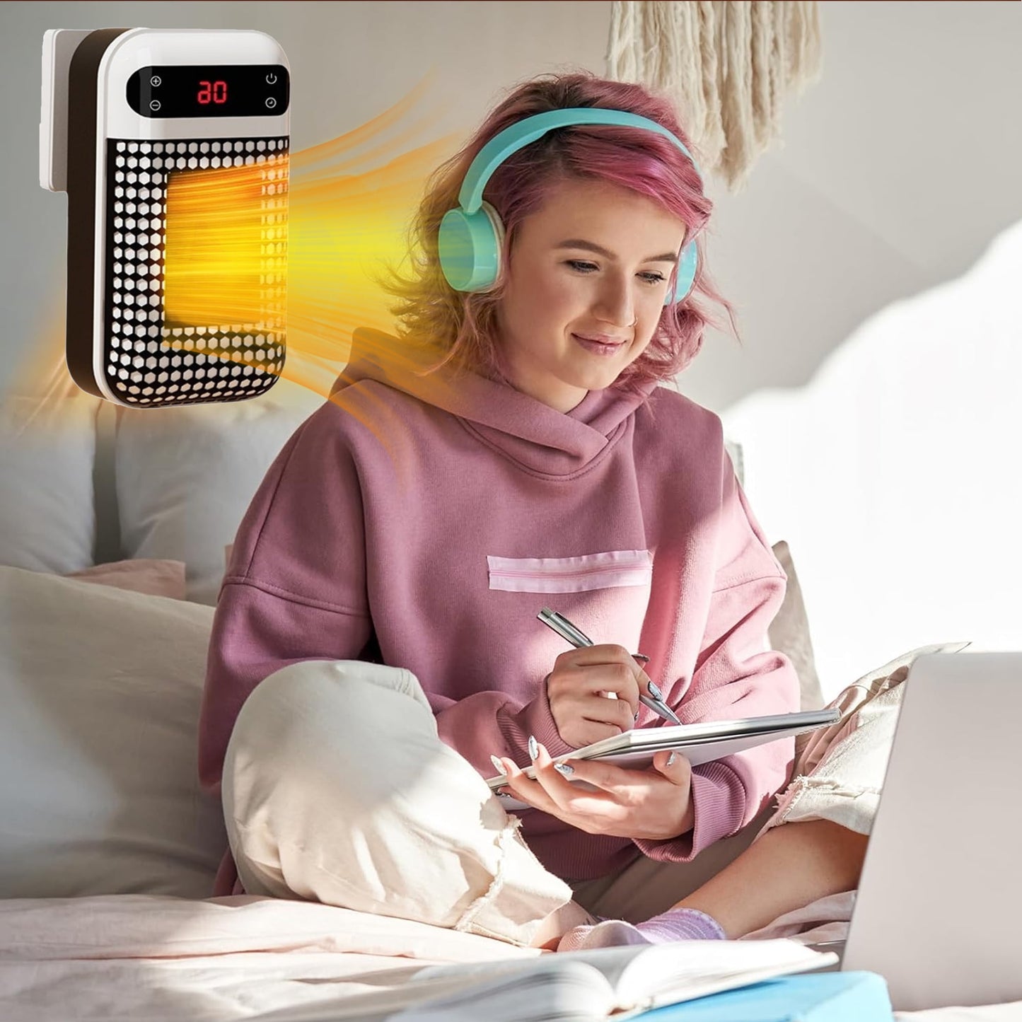 MUSICOZY Upgrade Smart Wall Space Heater 500W/800W Portable Electric Small Heater With Adjustable Thermostat and Timer Overheat Protection Safe Heater for Office Dorm Dog Room (White-500W)