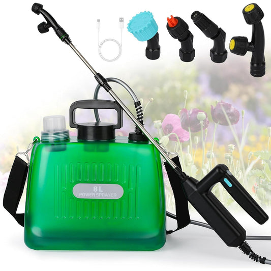 Battery Powered Sprayer 8L Upgrade Electric Sprayer with 4 Mist Nozzles 2000mAh Portable Lawn Sprayer Pump 32in Shoulder Strap Retractable Wand 2 Water Filling Holes for Lawn Garden Cleaning
