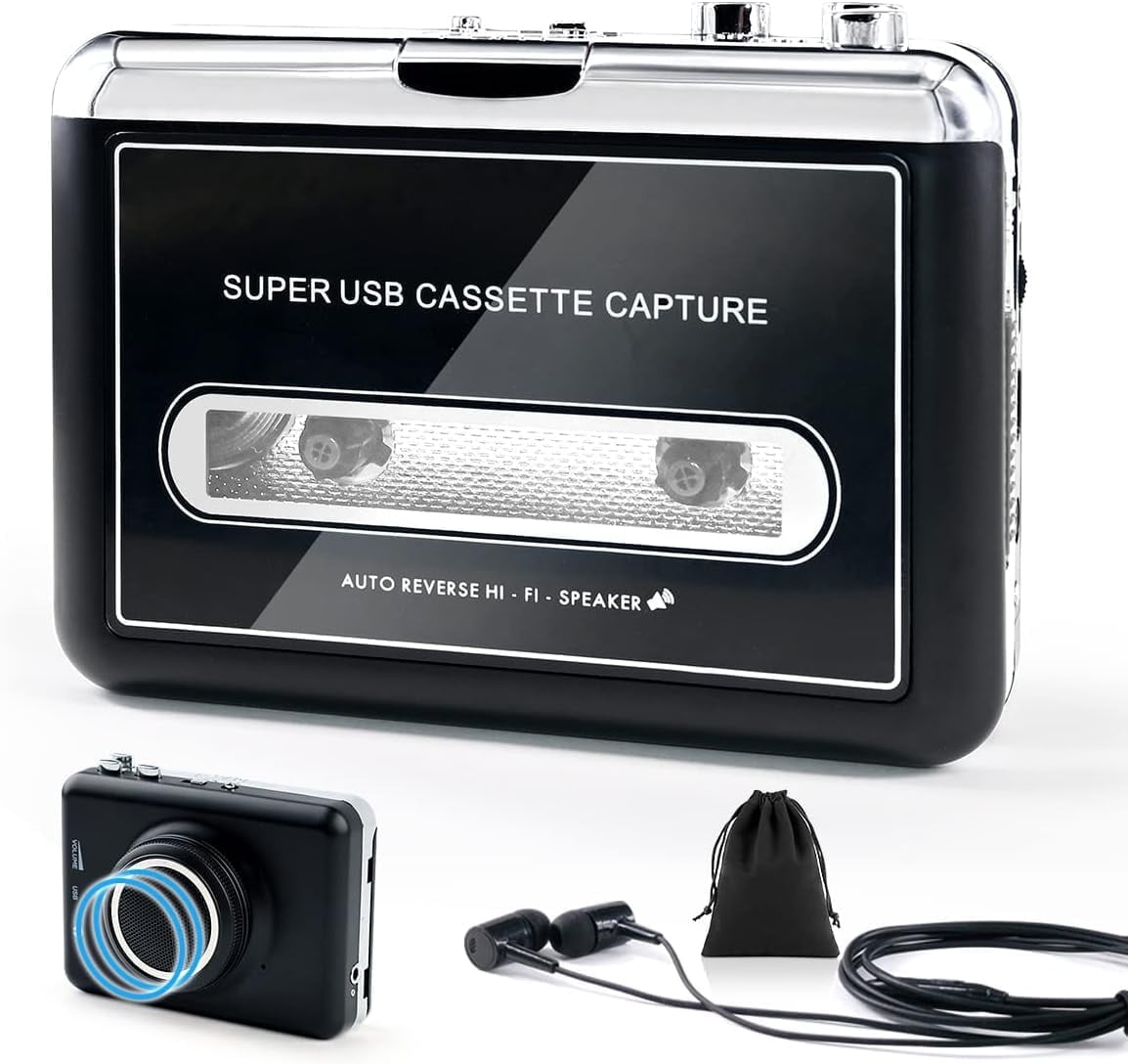 Clear Stereo Auto Reverse Walkmen Cassette Player with Detachable External Speaker-Portable Cassette to MP3 Digital Converter- Convert Tapes to Digital Format via USB-Compatible with MAC Laptops & PC