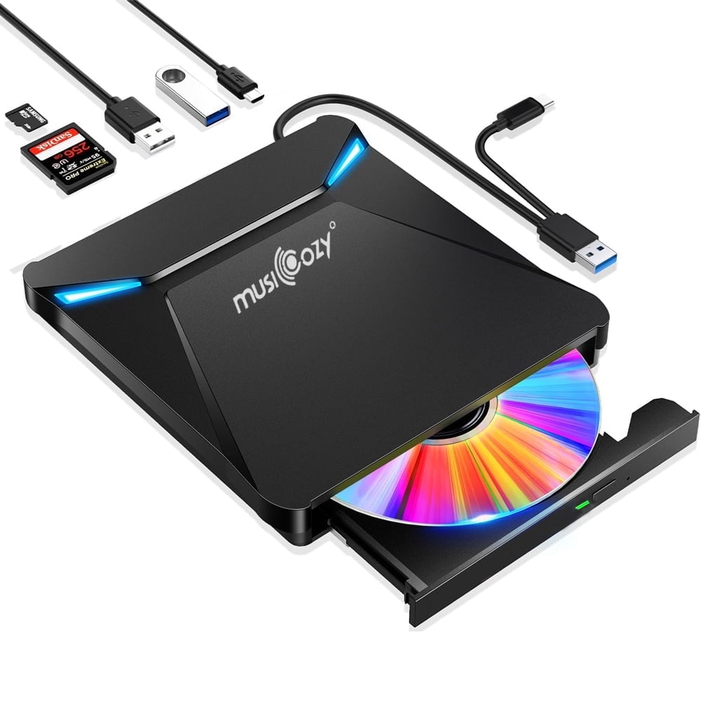 External DVD Drive USB 3.0 Type-C Portable CD Drive Burner Player Reader Writer 2 Ports TF SD Card Slots Optical Disk Laptop Mac PC Windows 11 10 8 7