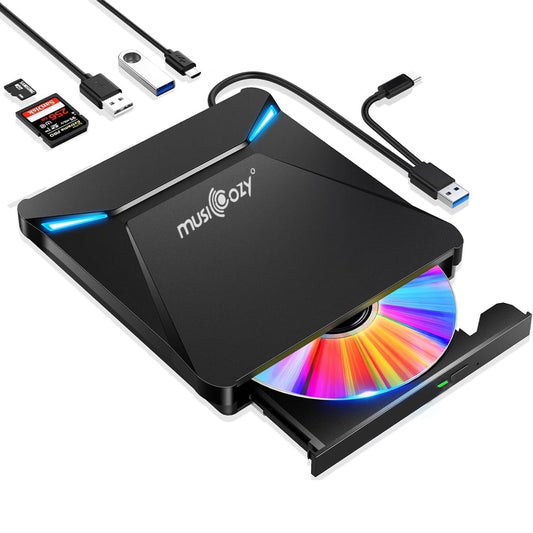 External DVD Drive USB 3.0 Type-C Portable CD Drive Burner Player Reader Writer 2 Ports TF SD Card Slots Optical Disk Laptop Mac PC Windows 11 10 8 7