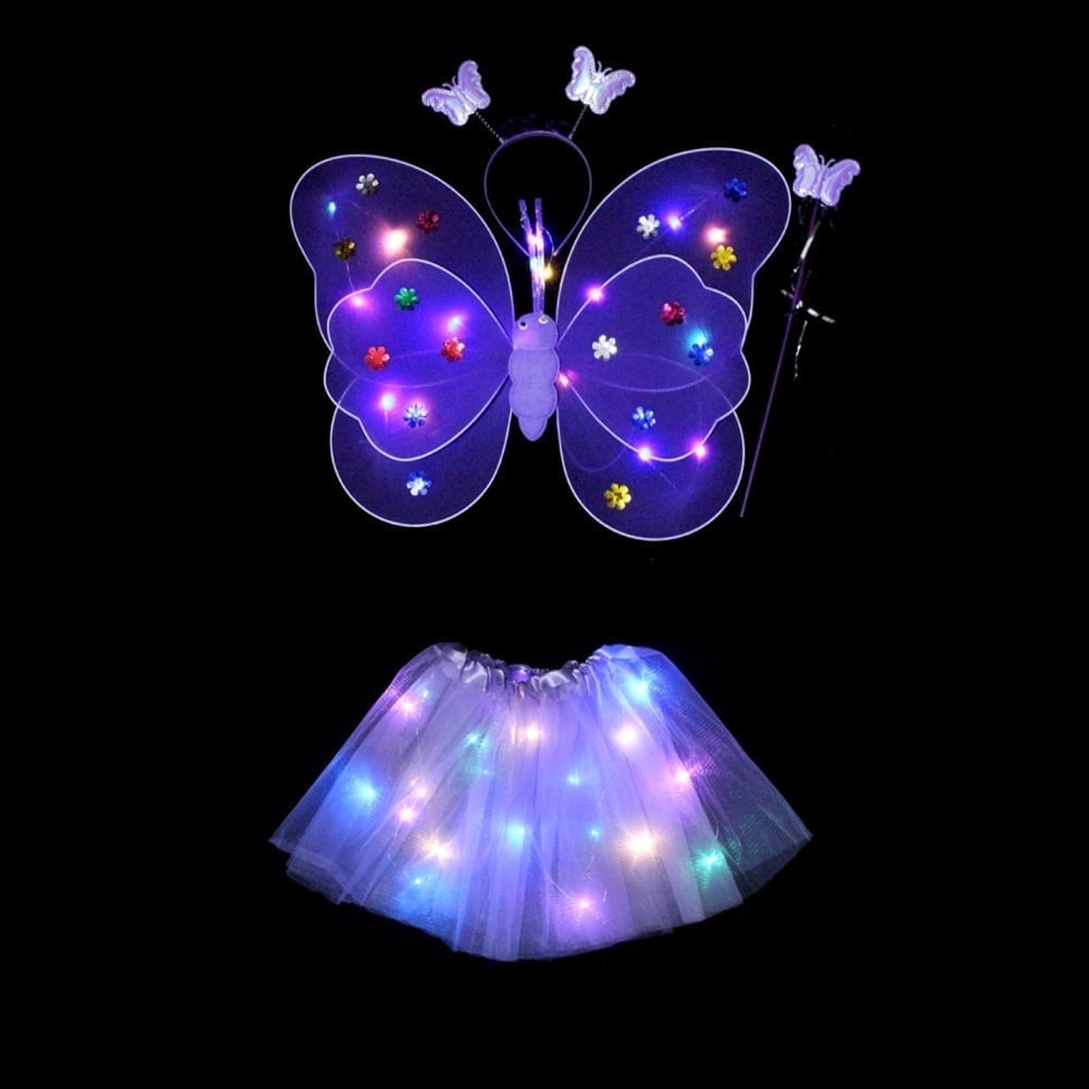 LED Children Costume Prop for Halloween Christmas Fairy Princess Kids Costume Sets Butterfly Wings Wand Headband Tutu Skirt New Year Gifts for 3 4 5 6 7 8 Years Old Girls Purple with Light
