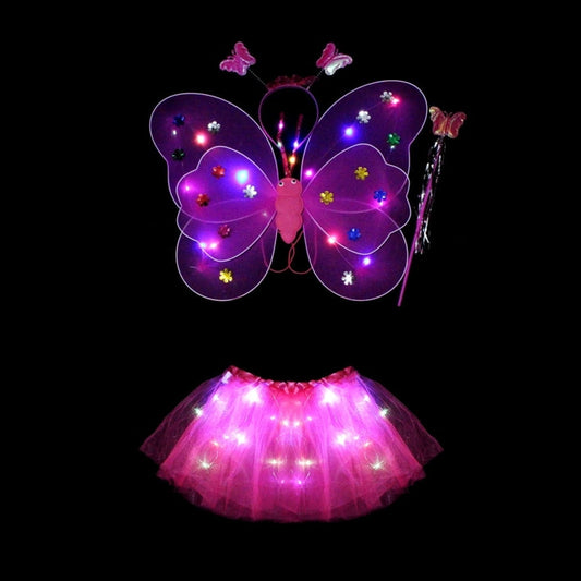 LED Children Costume Props Halloween Christmas gifts Fairy Princess Kids Costume Sets Butterfly Wings Wand Headband Tutu Skirt New Year Gifts Rose Red with Light
