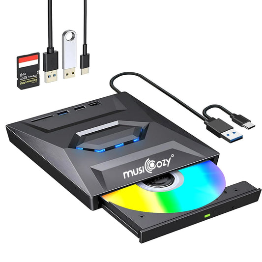 MUSICOZY External CD DVD Drive for Laptop 5-in-1 USB C Portable CD/DVD +/-RW Drive/DVD Player with SD Card Reader USB 3.0 USB C Hub CD ROM Burner for Mac Book Linux OS Windows