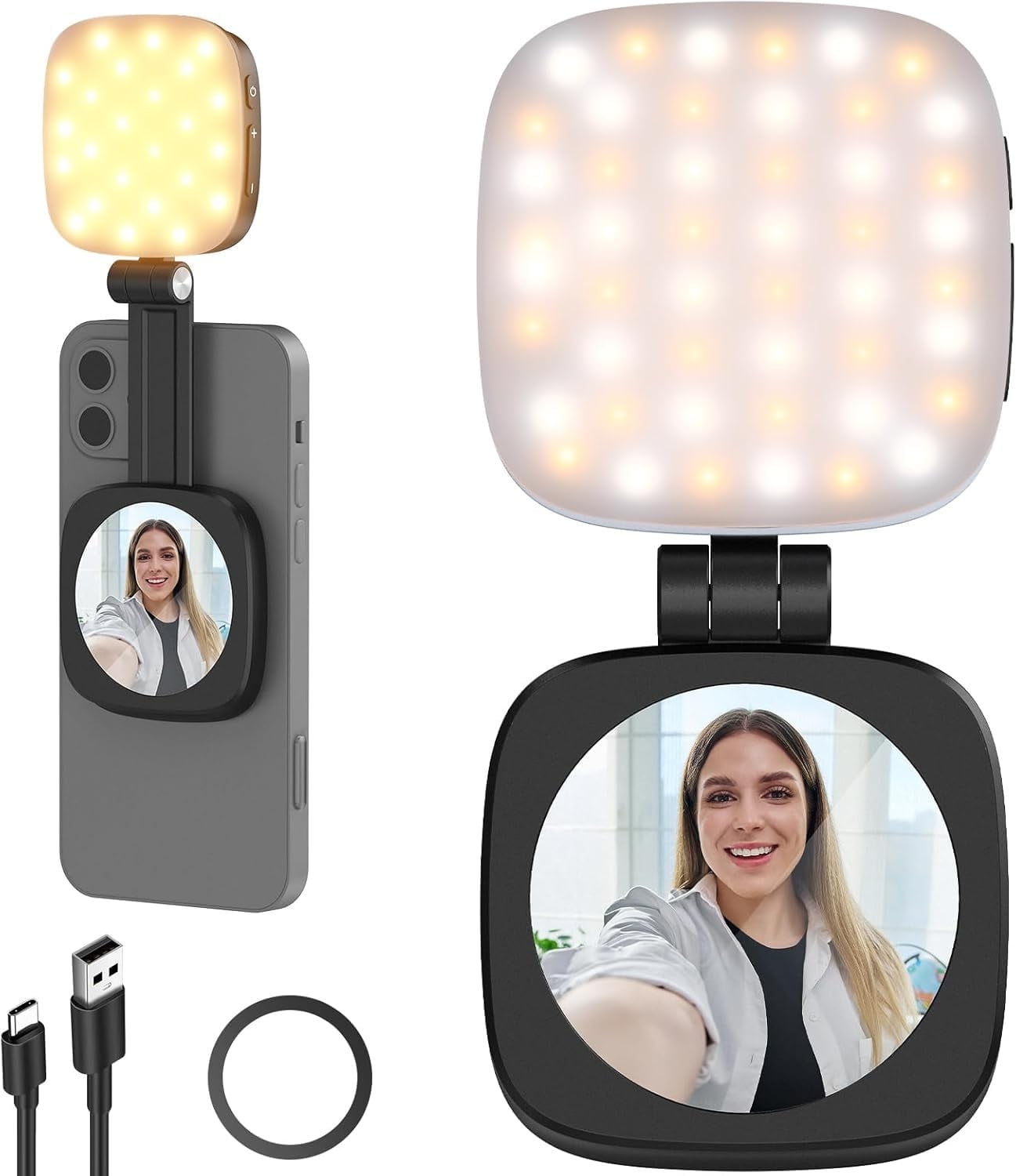 Magnetic Selfie Light for iPhone Instant Attachment for MagSafe CRI95 700lx/0.3m Folding LED Phone Fill Ring Lighting Phone Light with a Mirror for Zoom Makeup Photography Recording Video Conference