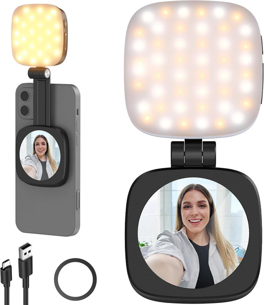 Magnetic Selfie Light for iPhone Instant Attachment for MagSafe CRI95 700lx/0.3m Folding LED Phone Fill Ring Lighting Phone Light with a Mirror for Zoom Makeup Photography Recording Video Conference