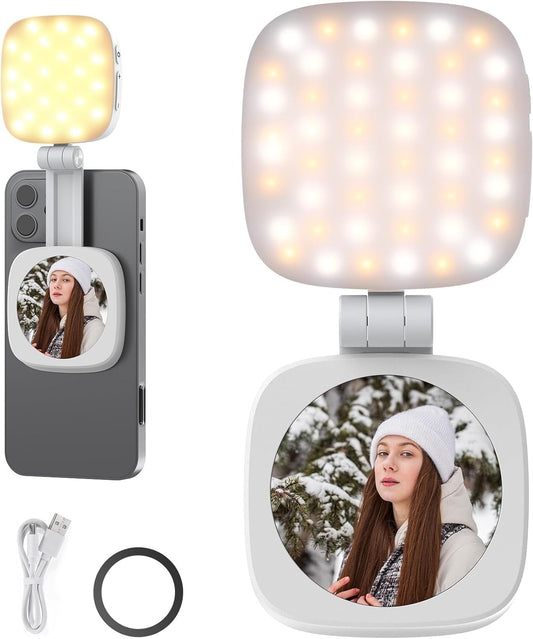 Magnetic Selfie Light for iPhone Instant Attachment for MagSafe CRI95 700lx/0.3m Folding LED Phone Fill Ring Lighting Phone Light with a Mirror for Zoom Makeup Photography Recording Video Conference