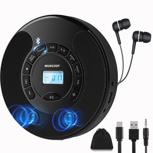 Portable CD Player with Bluetooth Rechargeable Walkmans CD Player for Car Built-in Speaker Bluetooth Transmitter A-B Repeat and Speed+/- Personal CD Player with Headphone Jack AUX Cable Best Gift